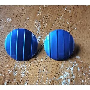 Vintage Metal Earrings Metallic Blue Corrugated Pin striped Circle